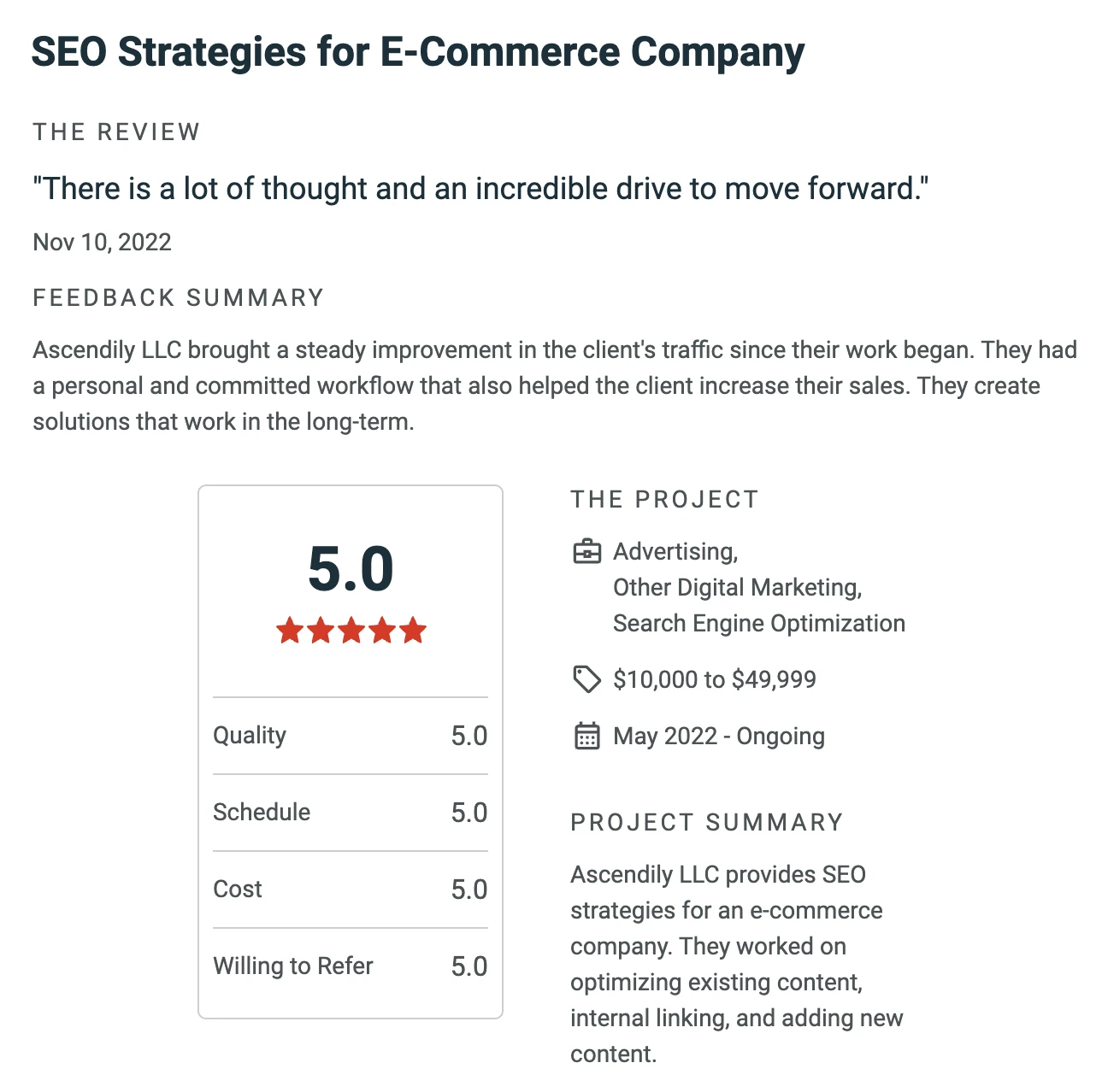 Review of SEO strategies for an e-commerce company, 5.0 for quality, schedule, cost and willingness to refer, 10 November 2022: there is a lot of thought and an incredible drive to move forward. Steady traffic improvement since the work began, and higher sales.